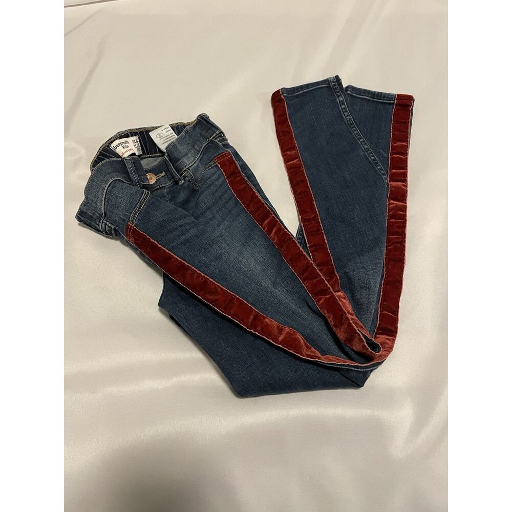 Abercrombie Kids Jean Leggings Blue Denim Red Velvet Side Stripe Girls Sz 10/12 - Picture 7 of 8